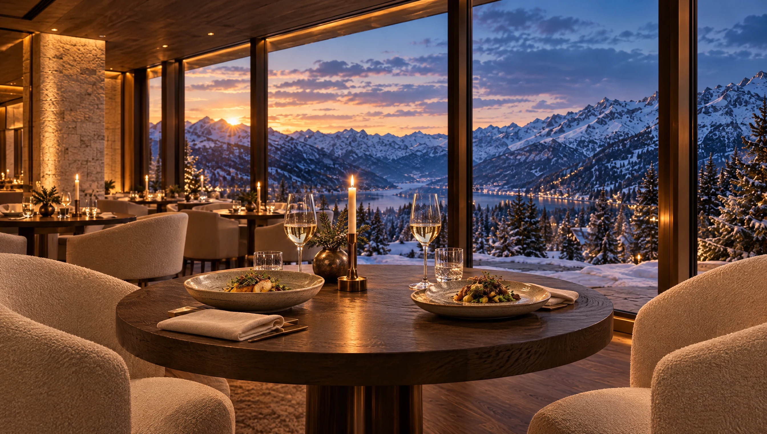 Ein gedeckter Panoramatisch mit Kerzenlicht und Blick auf die winterlichen Berge