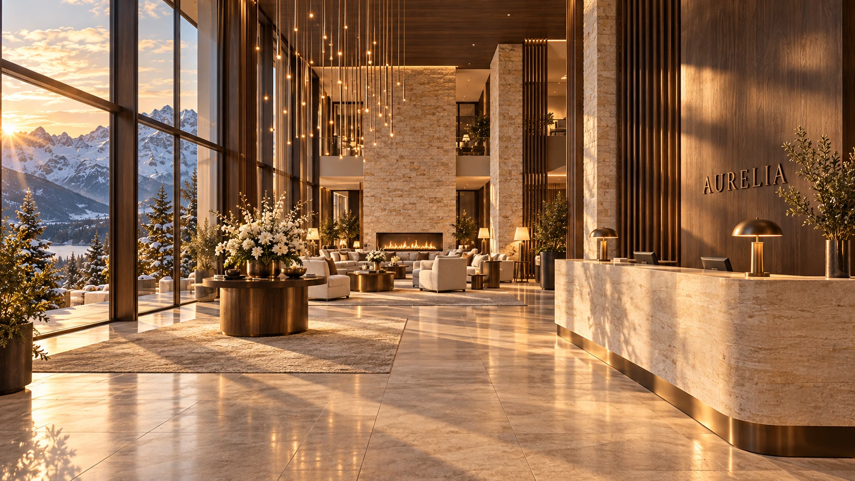 Die AURELIA Lobby: heller Naturstein, dunkle Eiche und ein warmer Empfang mit Alpenblick